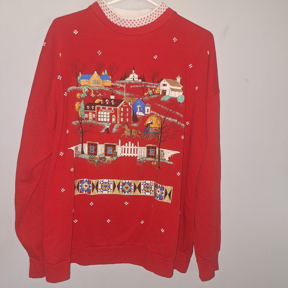Vintage 90's Ugly Christmas Sweatshirt Red Village Picket Fence Country XL Heart